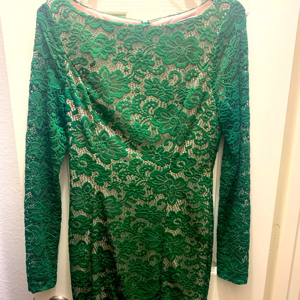 Green dress with nude underlining.